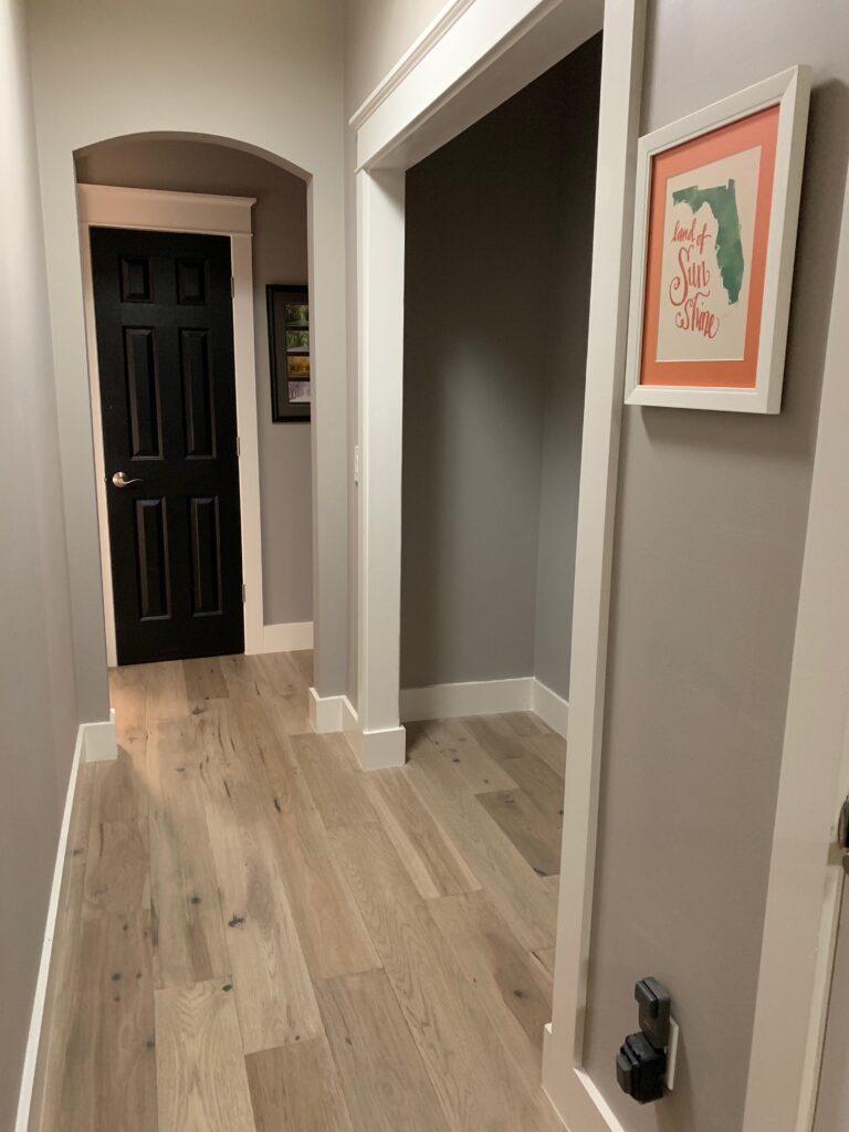 Left side of a closet that missing doors and the shelving, with white trim and wood floors, in a hallway.