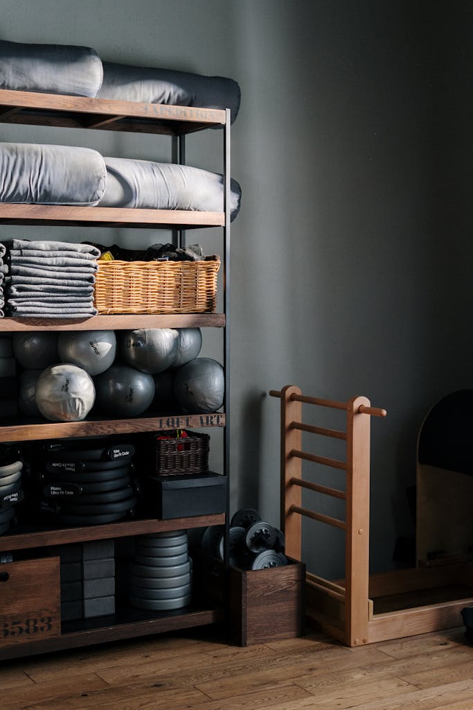 Neat arrangement of gym equipment and yoga mats in a modern fitness studio.