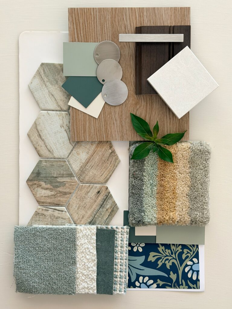 Interior design material palette with weathered wood-look hexagon tile, warm flooring, rich cabinetry, sage and blue-green finishes, brushed nickel hardware, and layered textured fabrics.