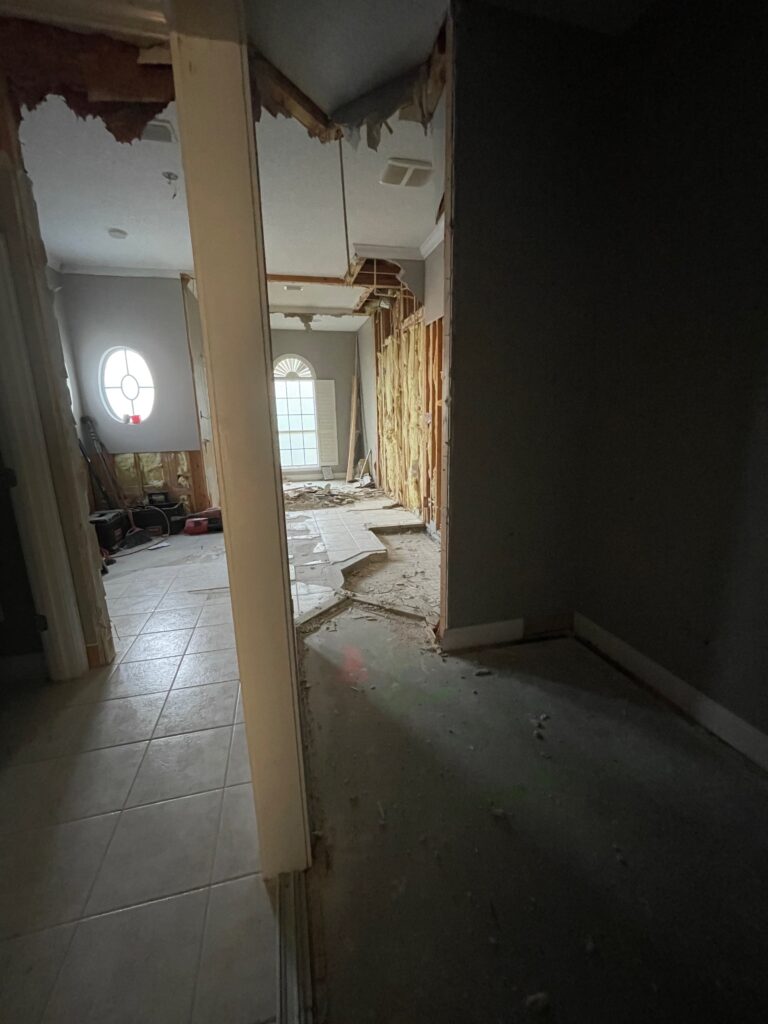 View through the primary bathroom during demolition showing removed walls and structural framing before the new layout was constructed.